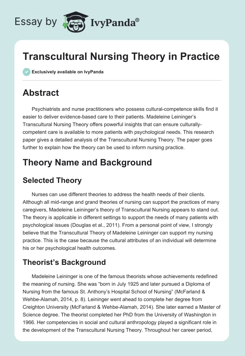 Transcultural Nursing Theory in Practice. Page 1