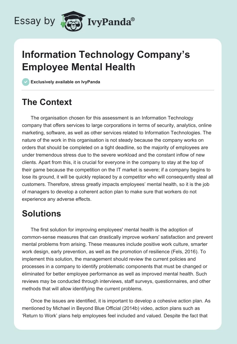 Information Technology Company’s Employee Mental Health. Page 1