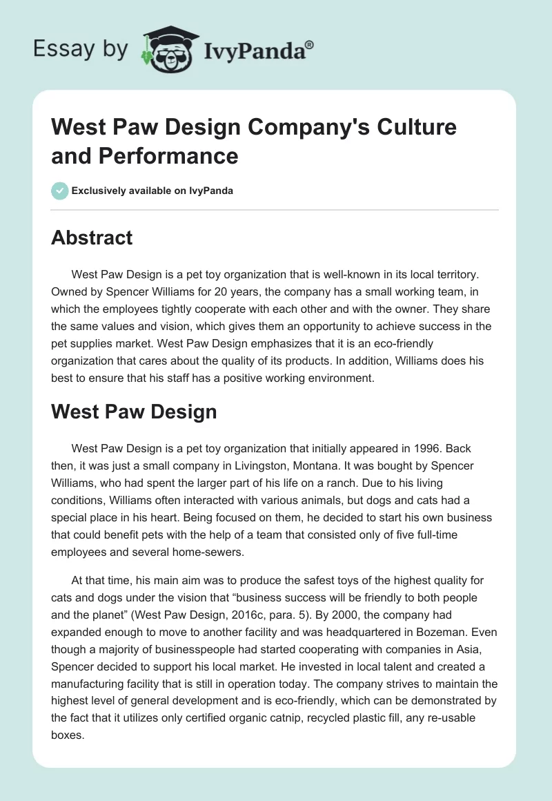 West Paw Design Company's Culture and Performance. Page 1