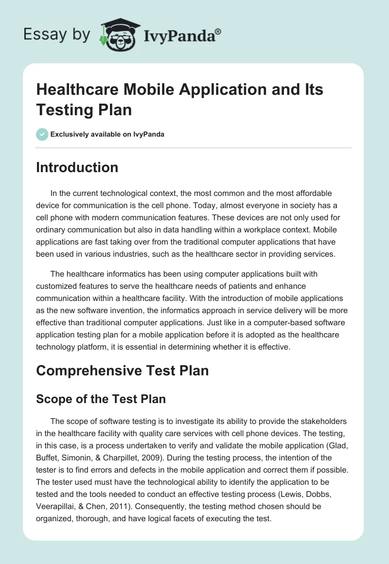 Healthcare Mobile Application and Its Testing Plan. Page 1
