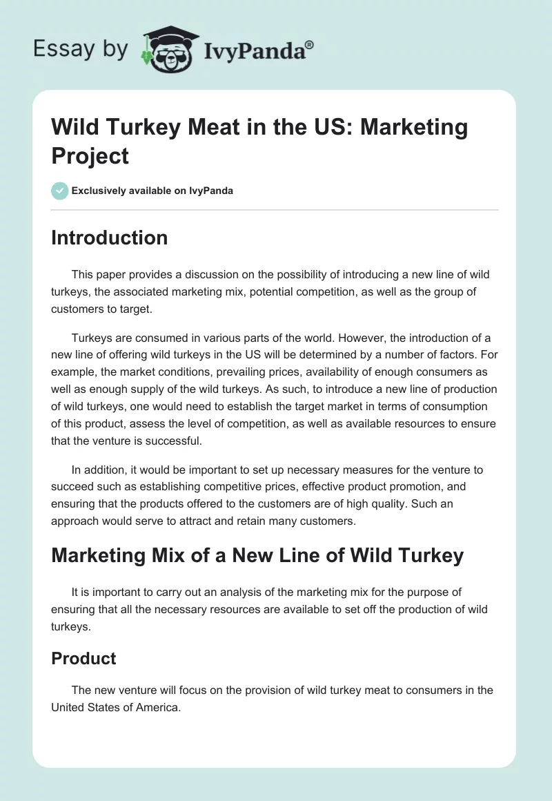 Wild Turkey Meat in the US: Marketing Project. Page 1