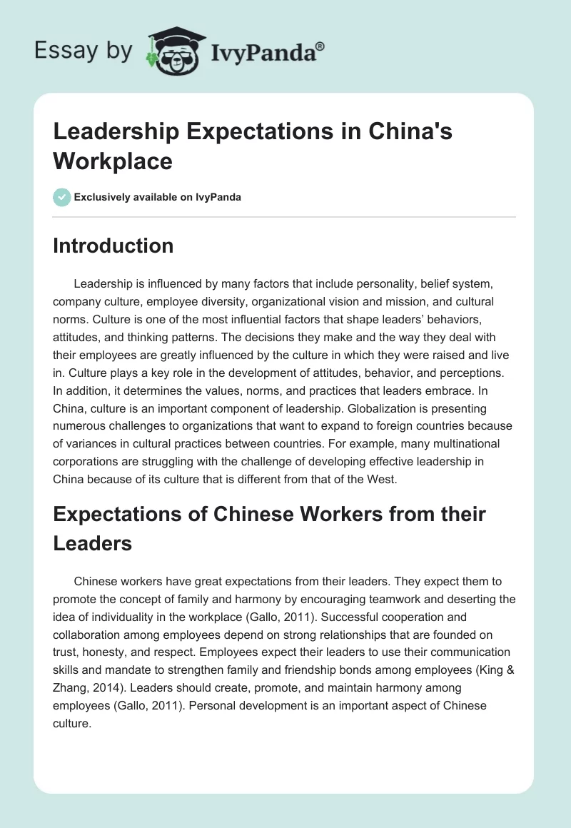 Leadership Expectations in China's Workplace. Page 1