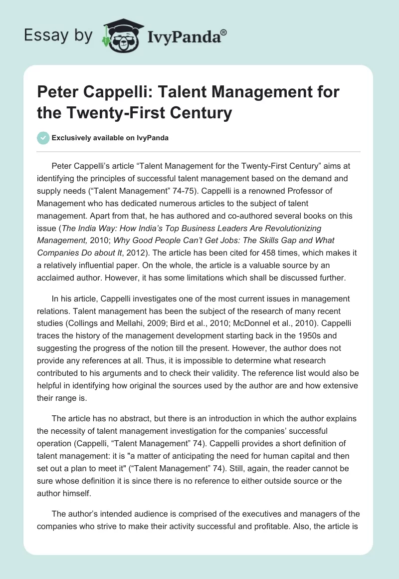Peter Cappelli: Talent Management for the Twenty-First Century. Page 1