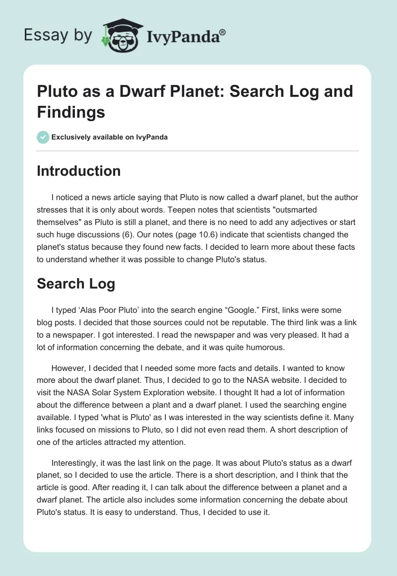Pluto as a Dwarf Planet: Search Log and Findings. Page 1