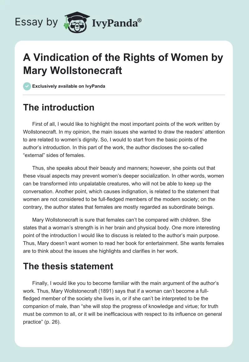 A Vindication of the Rights of Women by Mary Wollstonecraft. Page 1