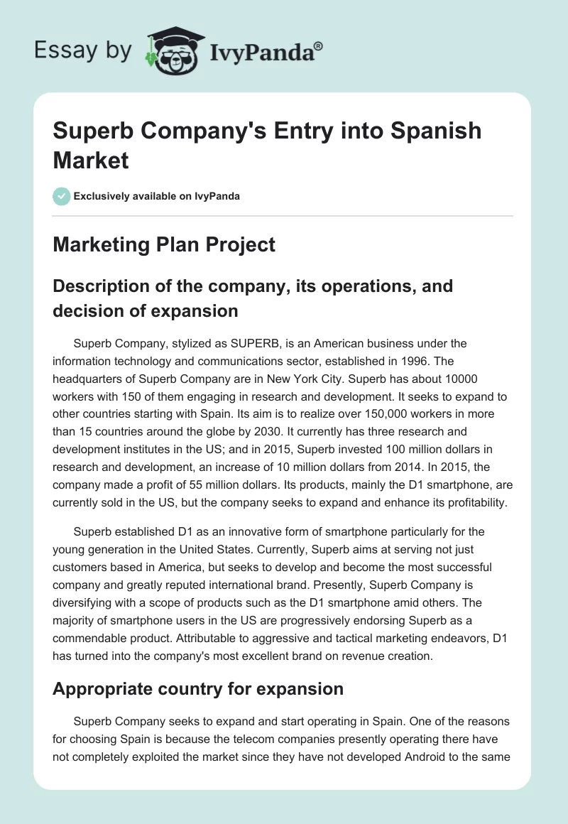 Superb Company's Entry into Spanish Market. Page 1