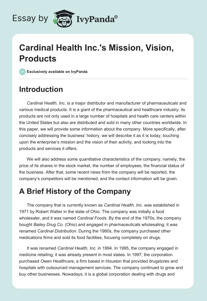 Cardinal Health Inc.'s Mission, Vision, Products. Page 1