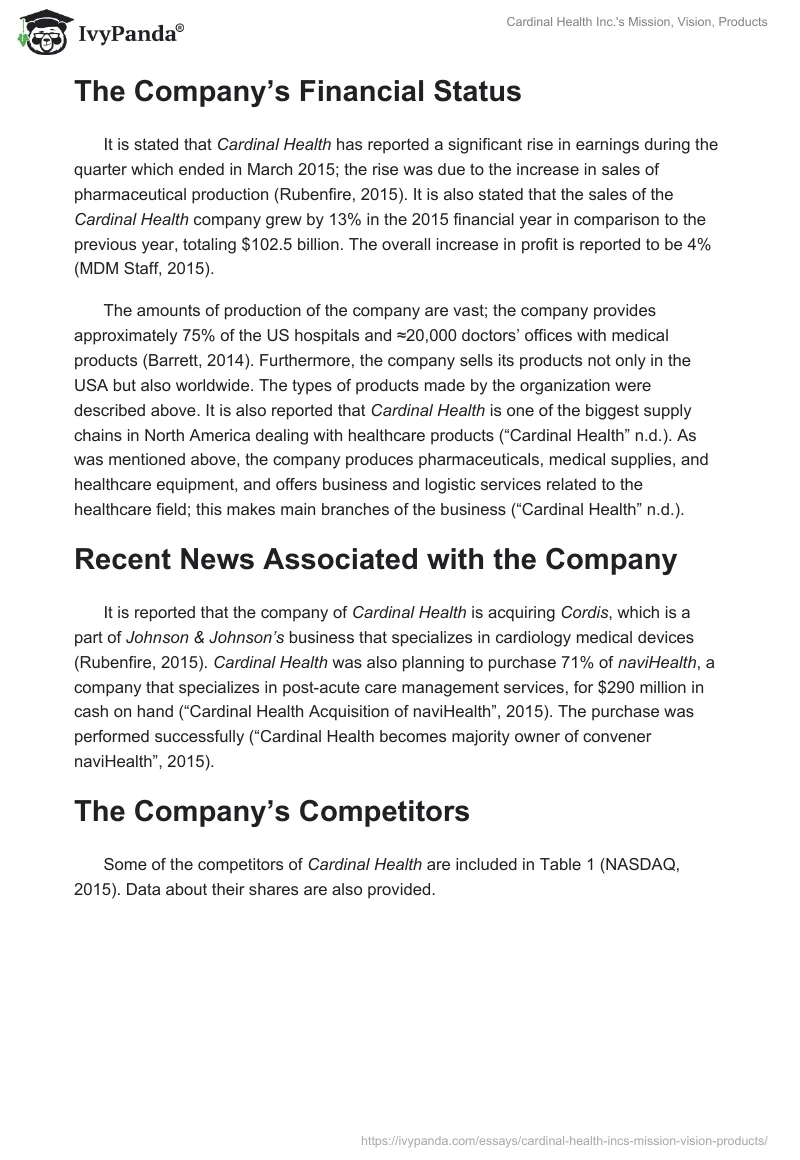 Cardinal Health Inc.'s Mission, Vision, Products. Page 3