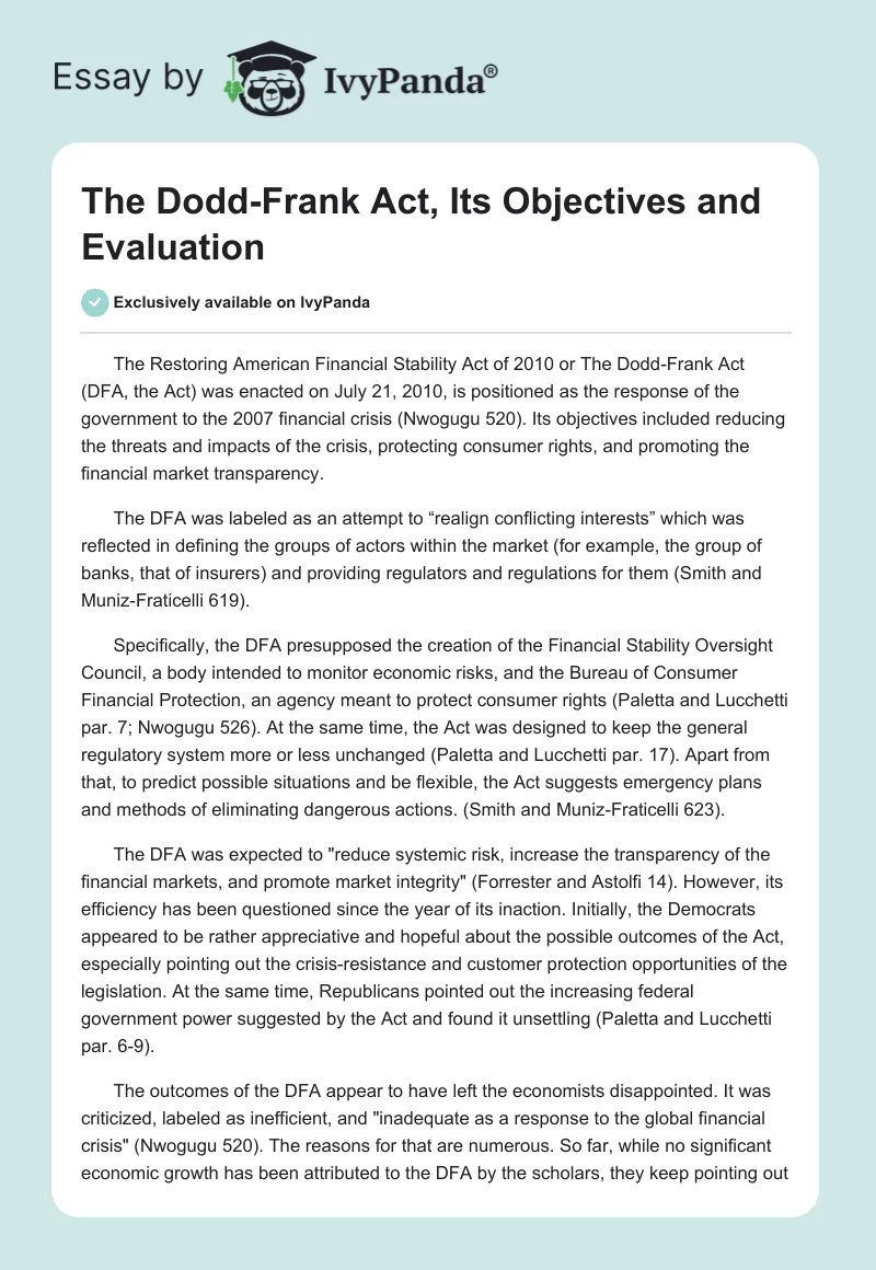 The Dodd-Frank Act, Its Objectives and Evaluation. Page 1