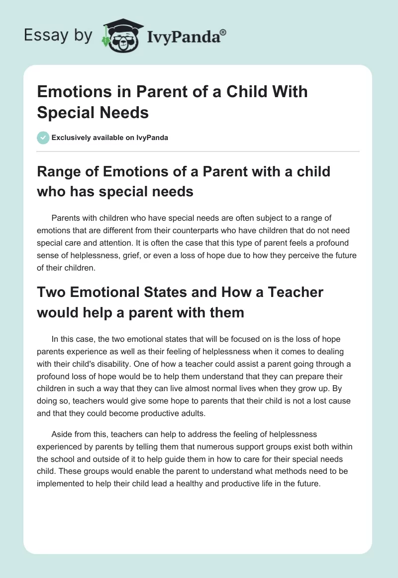 Emotions in Parent of a Child With Special Needs. Page 1