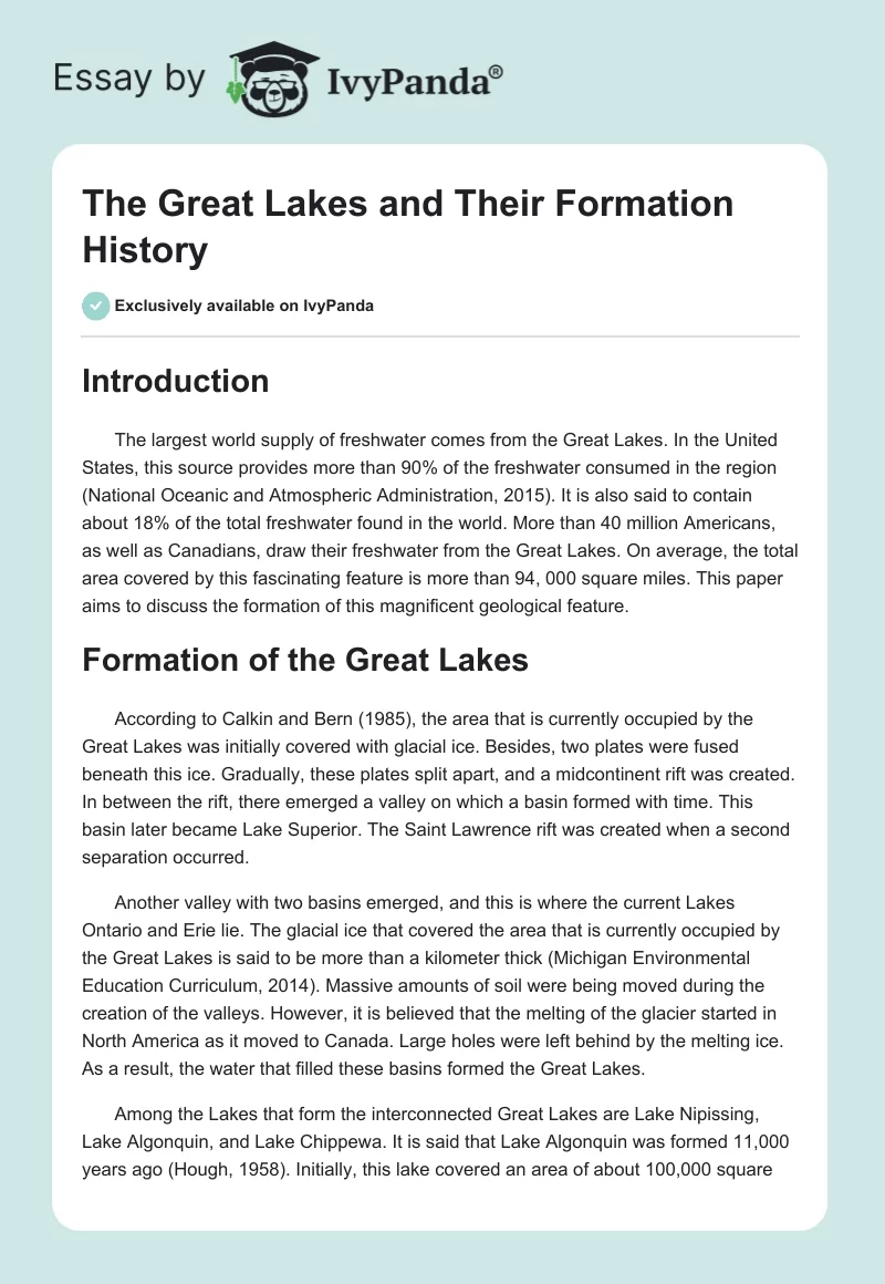 The Great Lakes and Their Formation History. Page 1