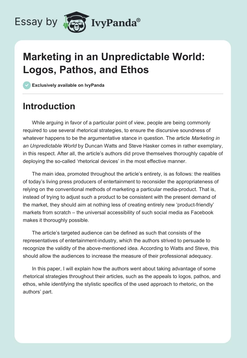 Marketing in an Unpredictable World: Logos, Pathos, and Ethos. Page 1
