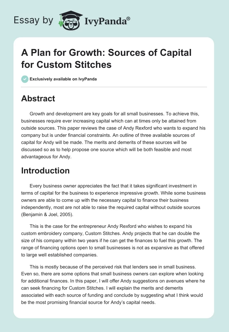 A Plan for Growth: Sources of Capital for Custom Stitches. Page 1