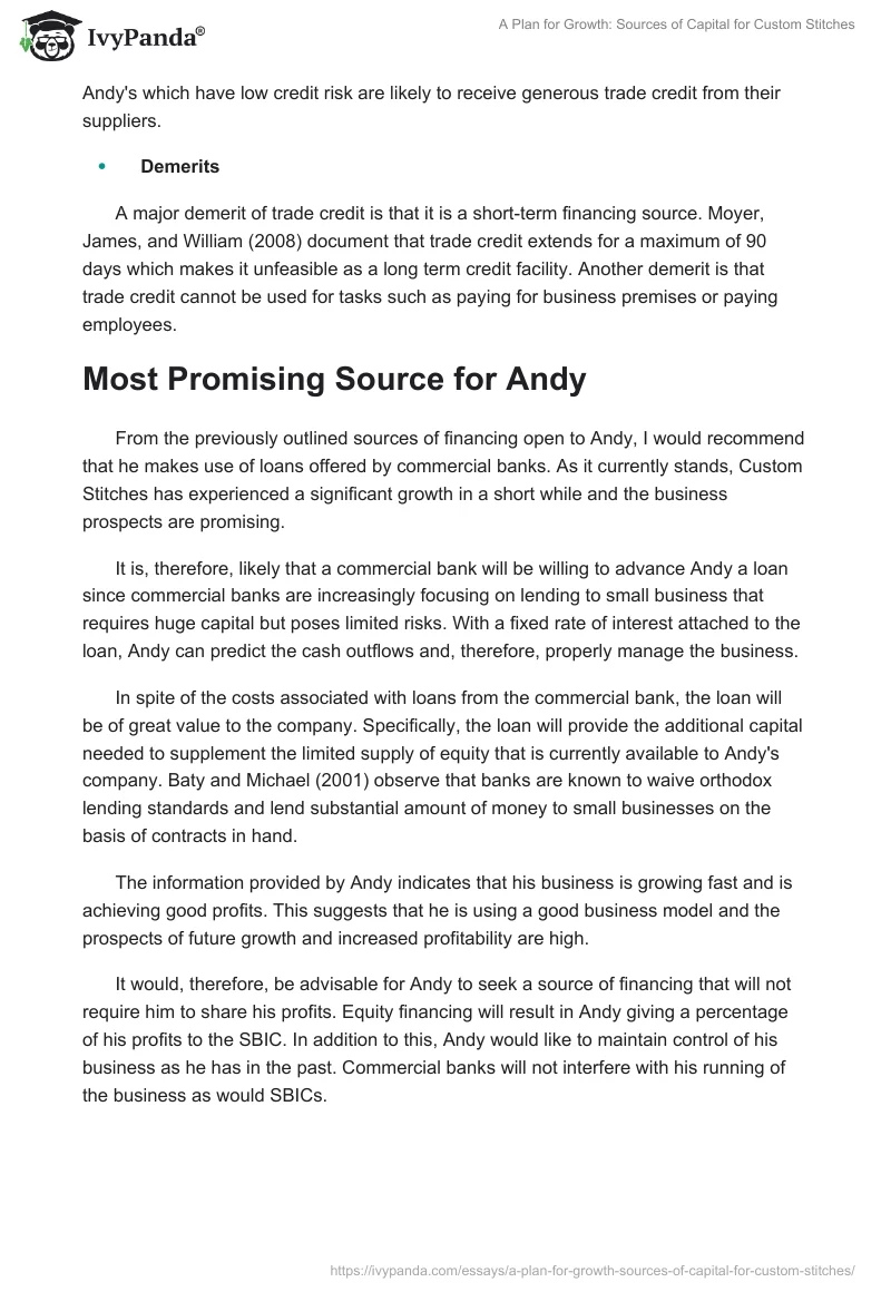 A Plan for Growth: Sources of Capital for Custom Stitches. Page 4