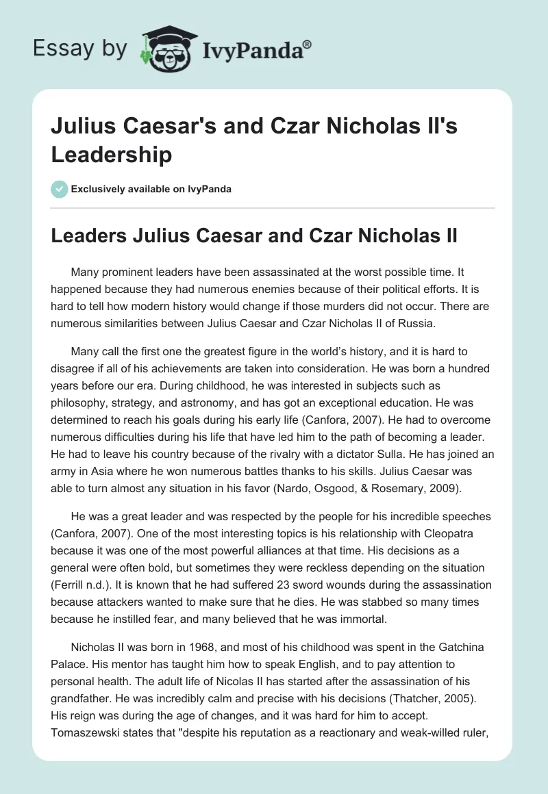 Julius Caesar's and Czar Nicholas II's Leadership. Page 1