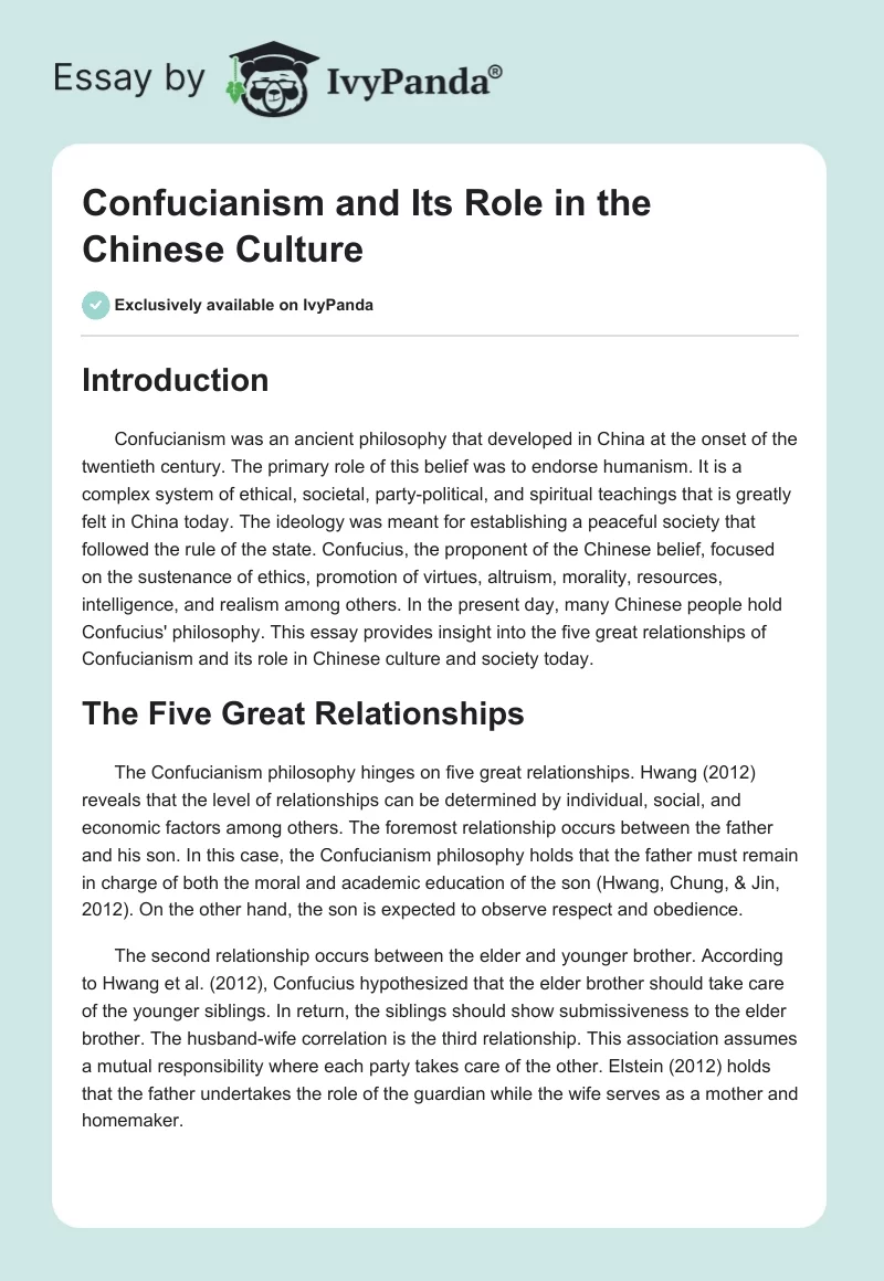 Confucianism and Its Role in the Chinese Culture. Page 1
