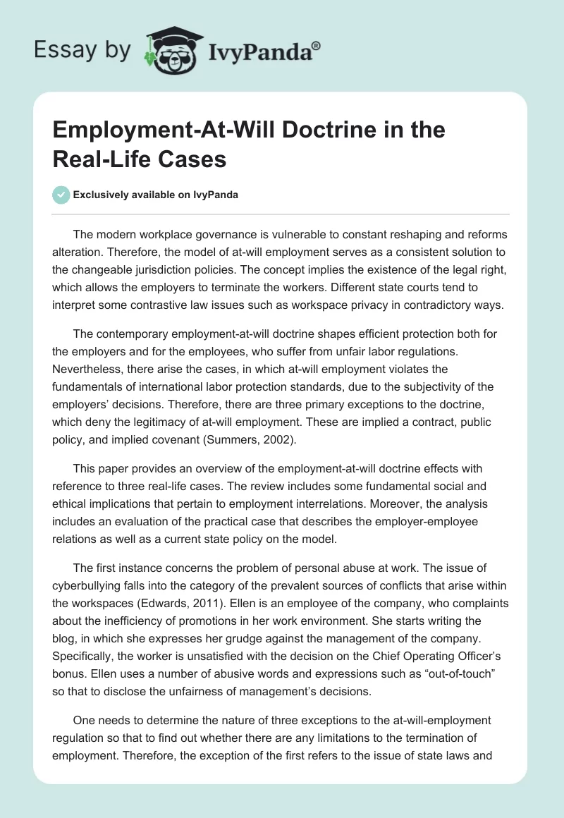 Employment-At-Will Doctrine in the Real-Life Cases. Page 1