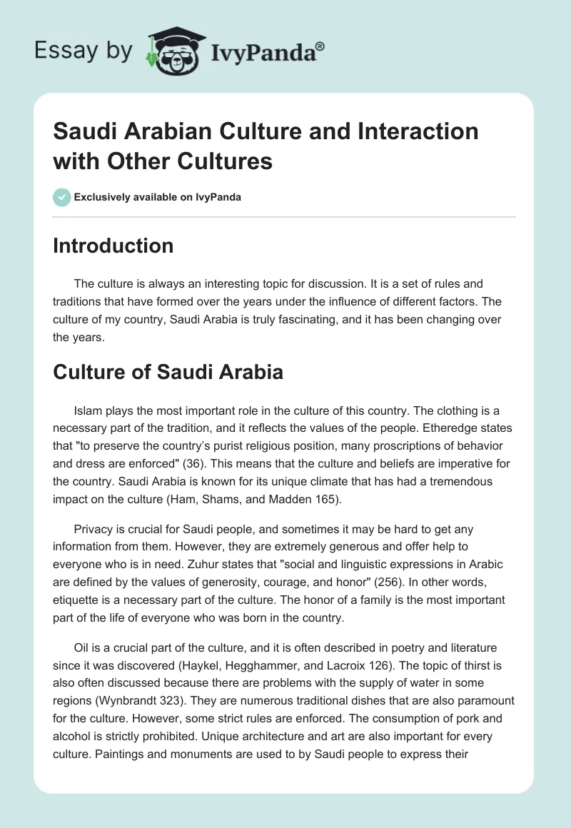 Saudi Arabian Culture and Interaction with Other Cultures. Page 1