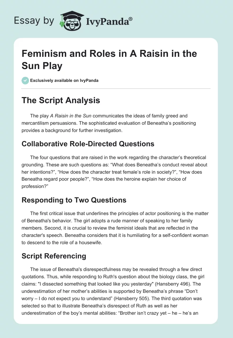 Feminism and Roles in "A Raisin in the Sun" Play. Page 1