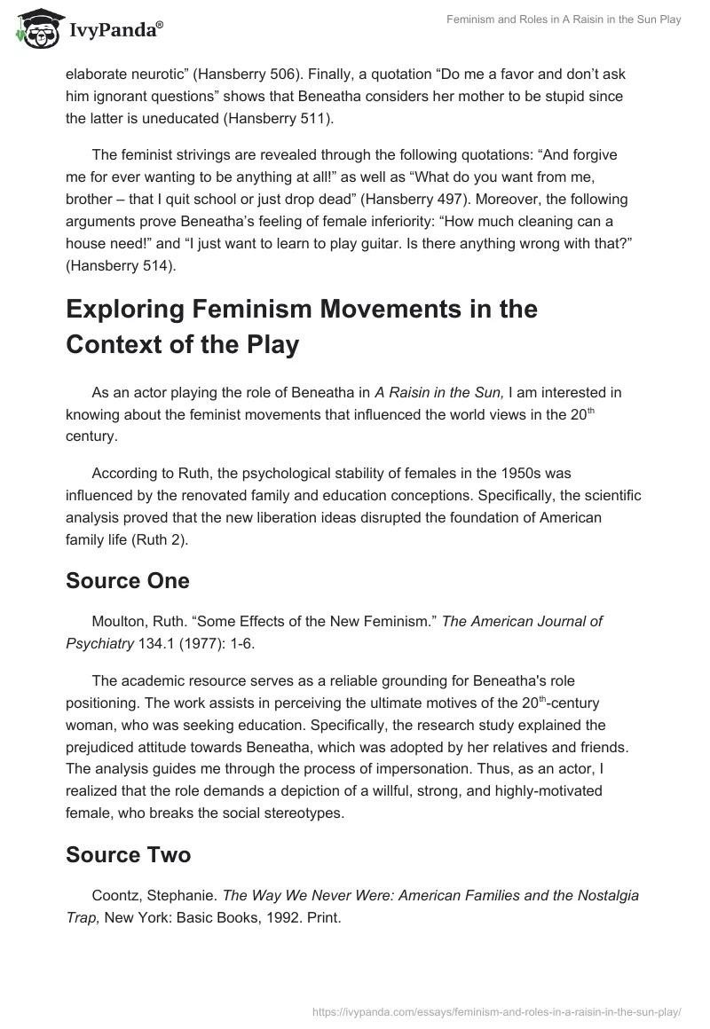 Feminism and Roles in "A Raisin in the Sun" Play. Page 2