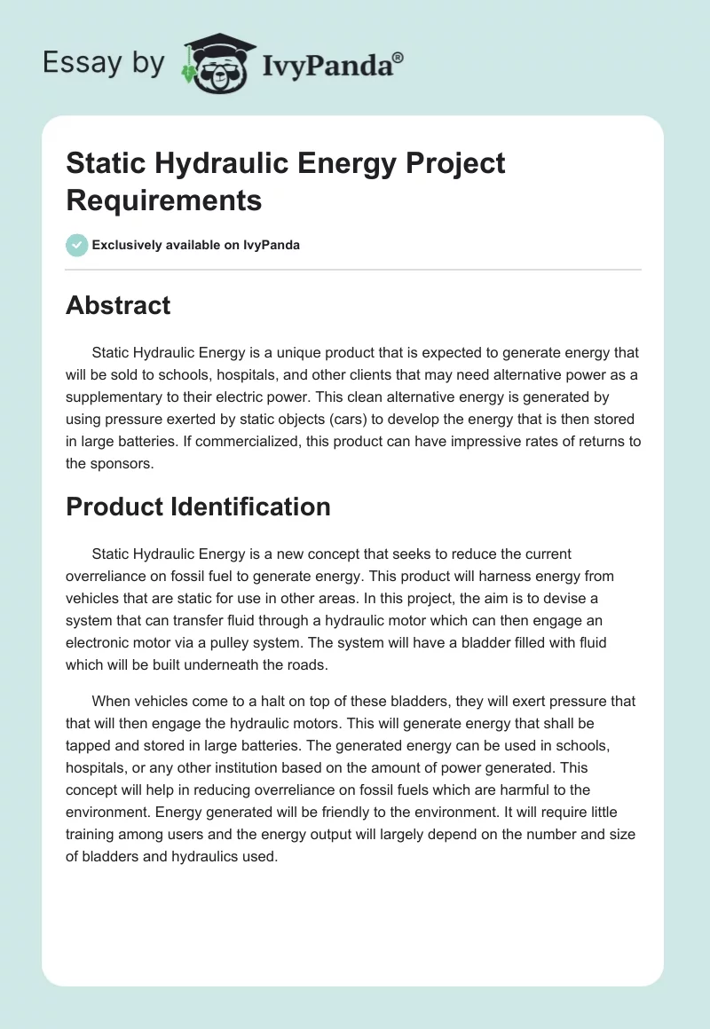 Static Hydraulic Energy Project Requirements. Page 1