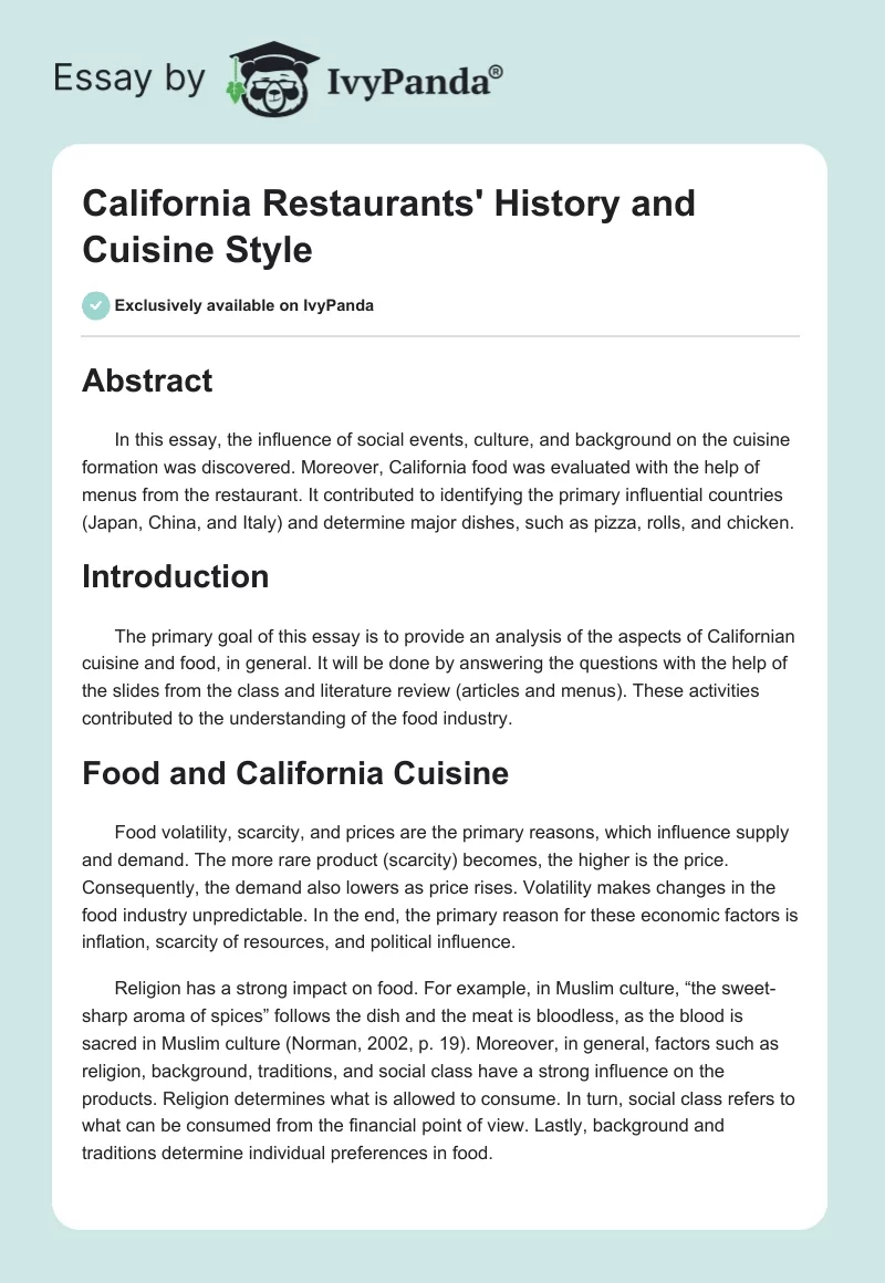 California Restaurants' History and Cuisine Style. Page 1