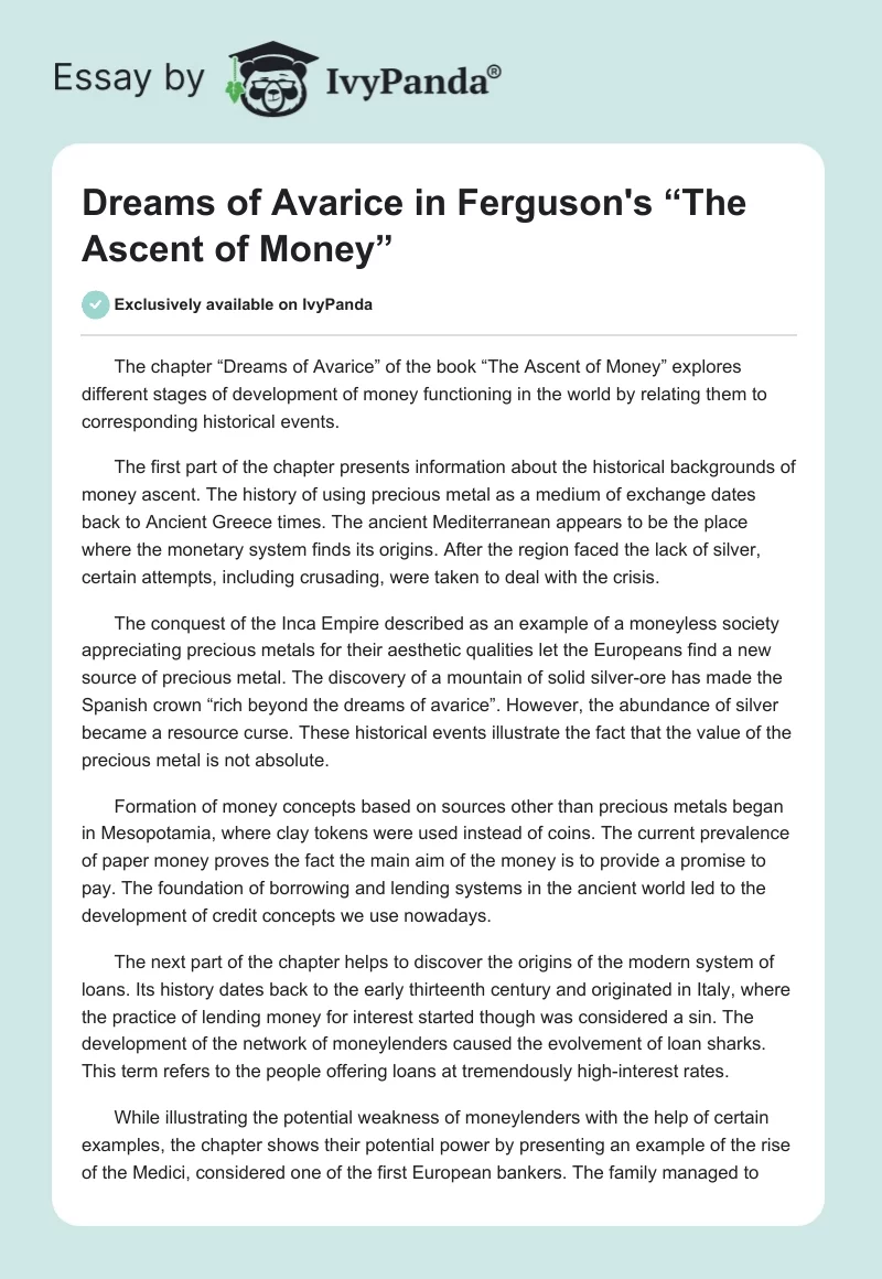 Dreams of Avarice in Ferguson's “The Ascent of Money”. Page 1
