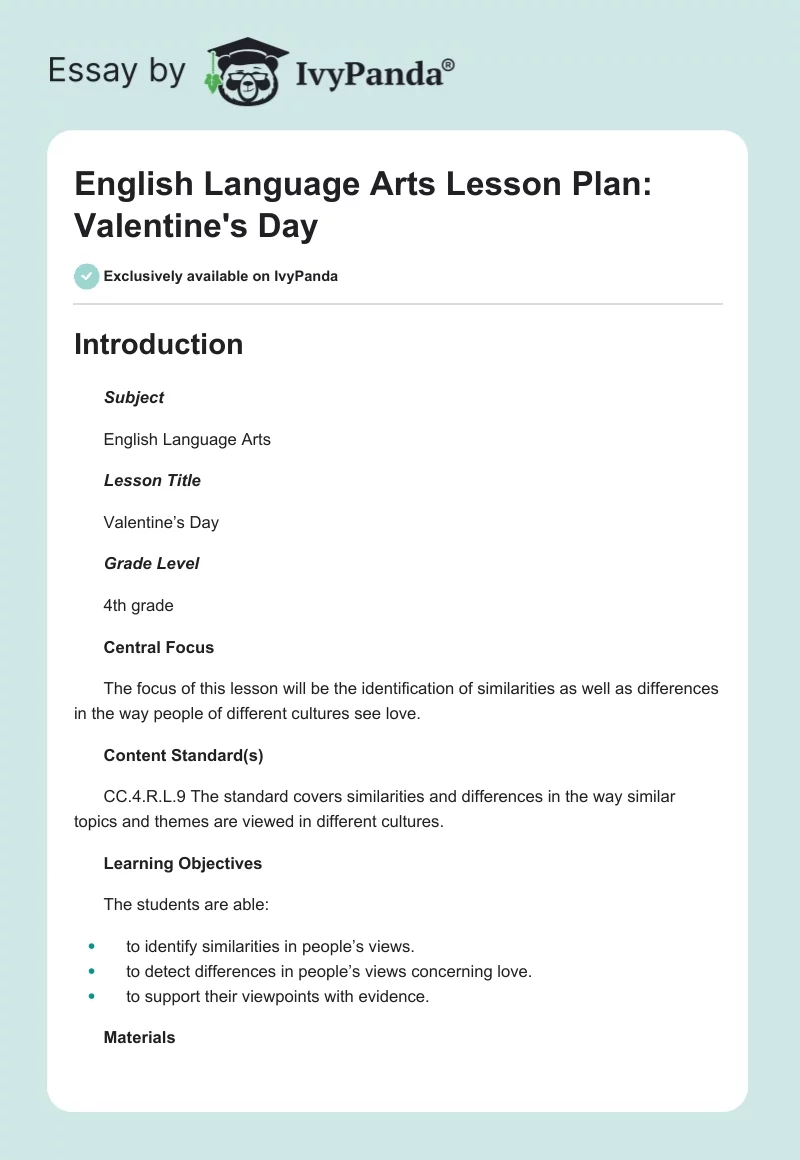 English Language Arts Lesson Plan: Valentine's Day. Page 1
