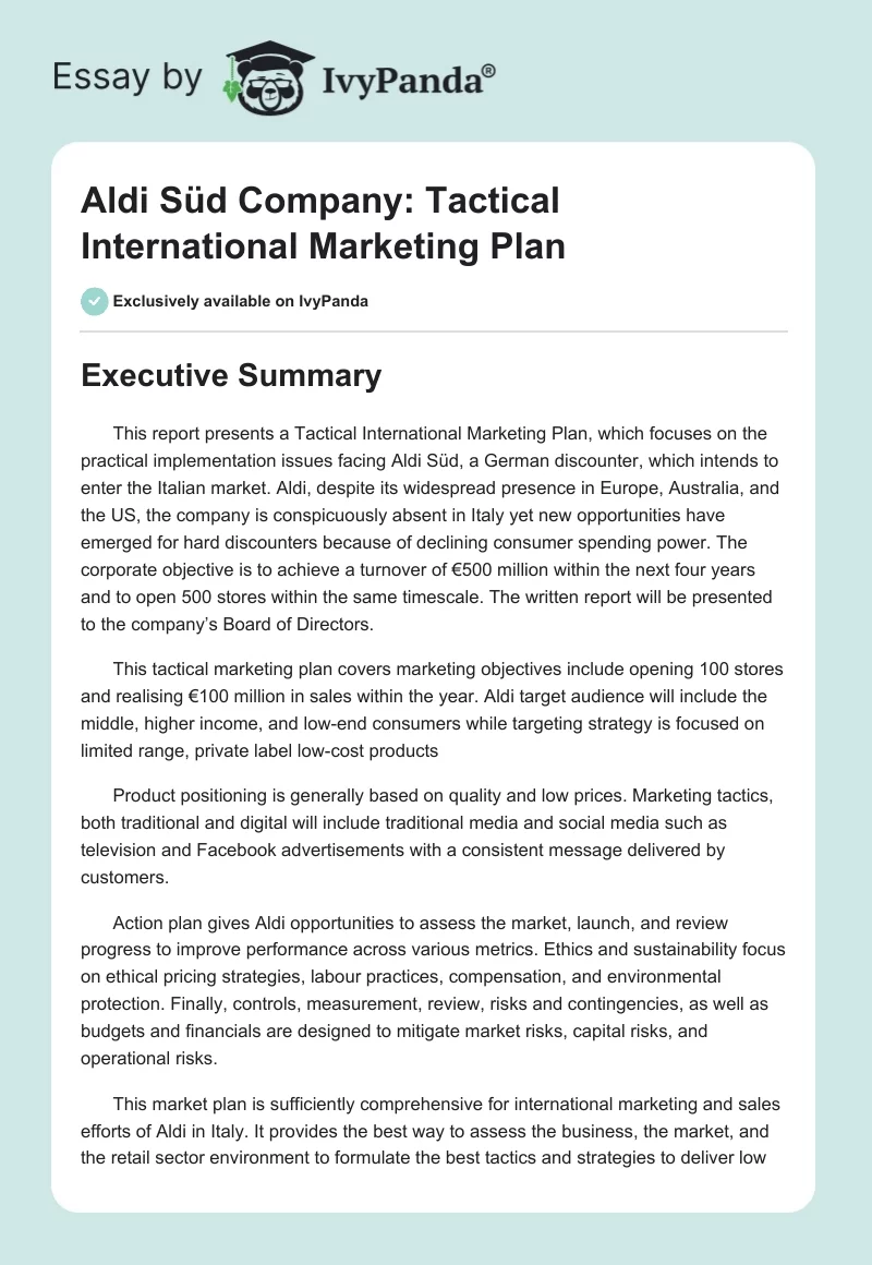 Aldi Süd Company: Tactical International Marketing Plan. Page 1