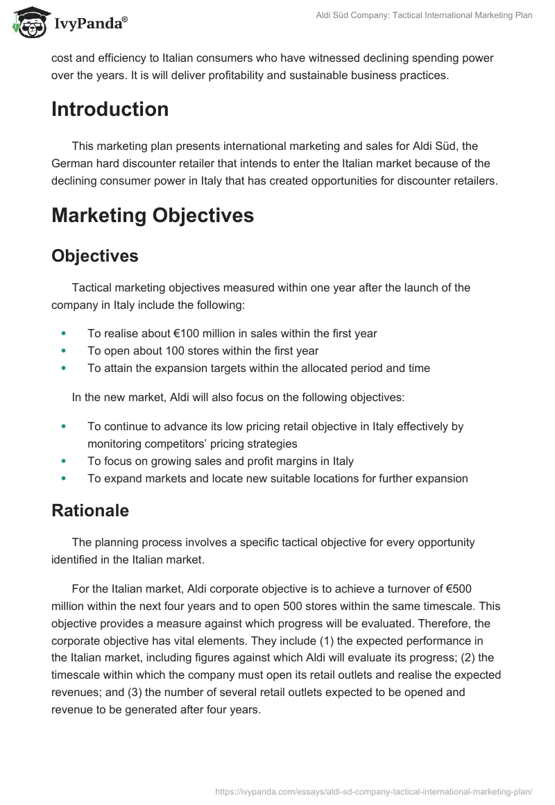 Aldi Süd Company: Tactical International Marketing Plan. Page 2