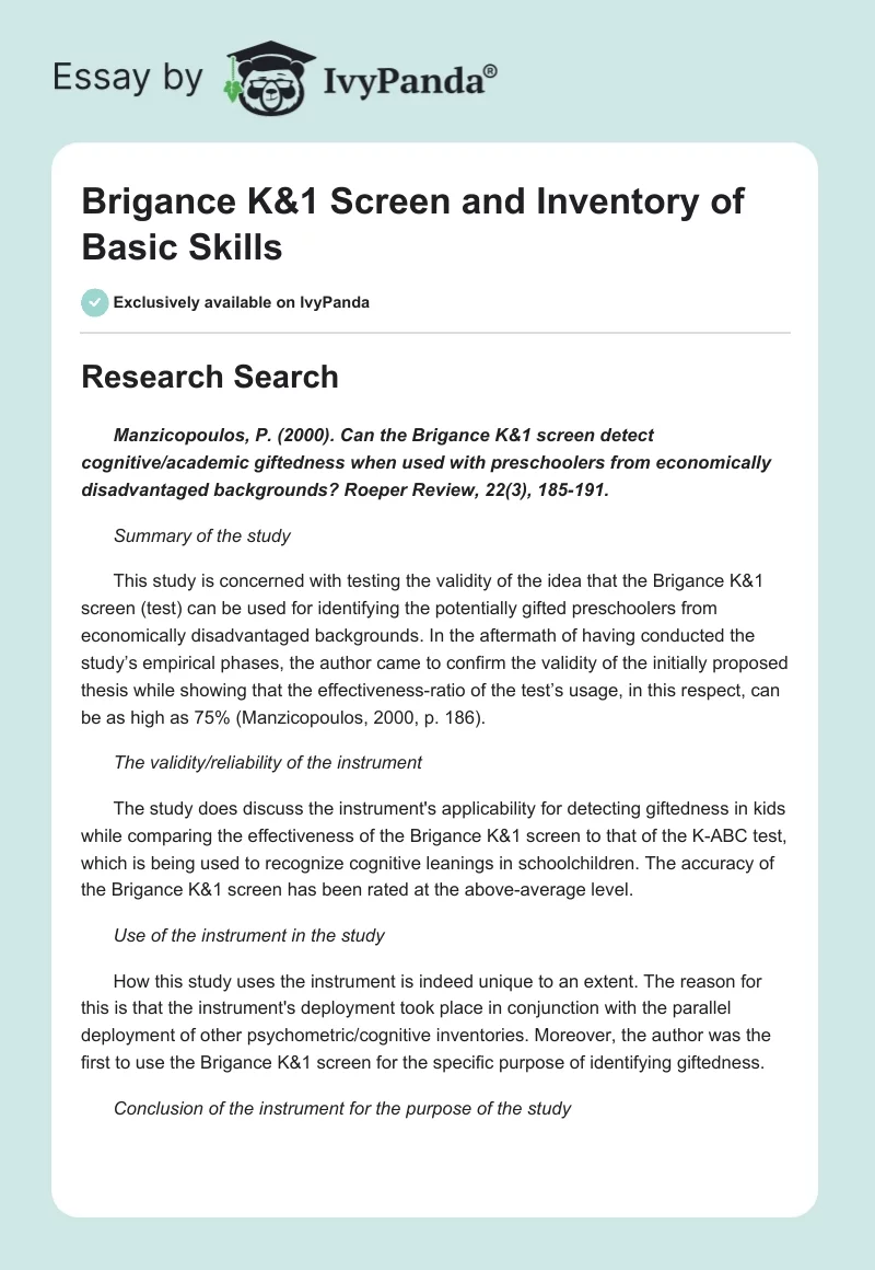 Brigance K&1 Screen and Inventory of Basic Skills. Page 1