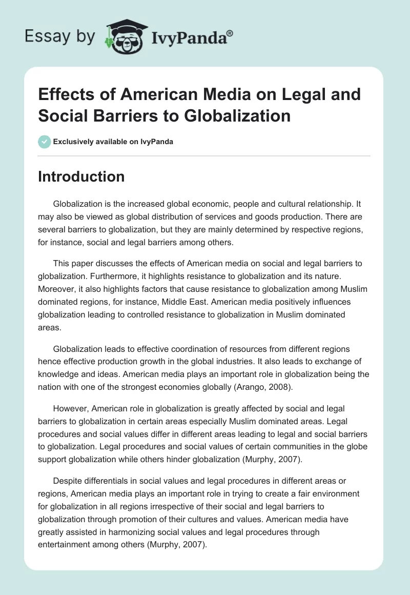 Effects of American Media on Legal and Social Barriers to Globalization. Page 1