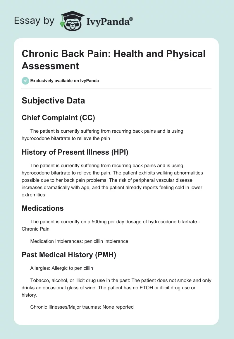 Chronic Back Pain: Health and Physical Assessment. Page 1