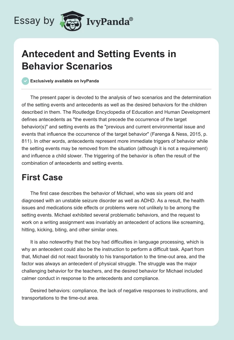 Antecedent and Setting Events in Behavior Scenarios. Page 1
