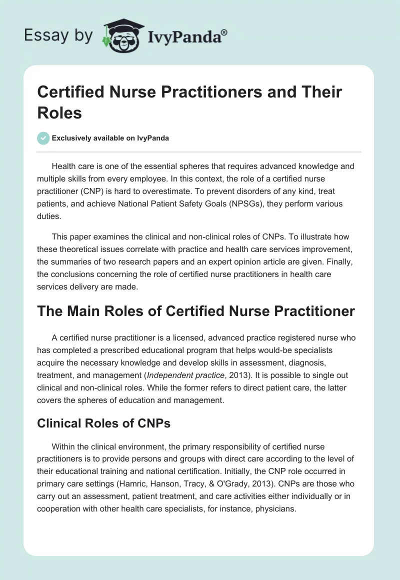Certified Nurse Practitioners and Their Roles. Page 1