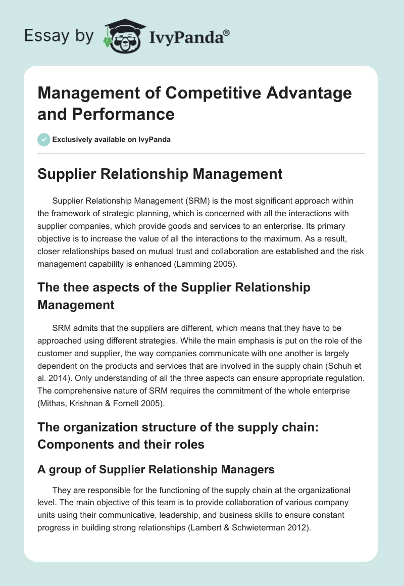 Management of Competitive Advantage and Performance. Page 1