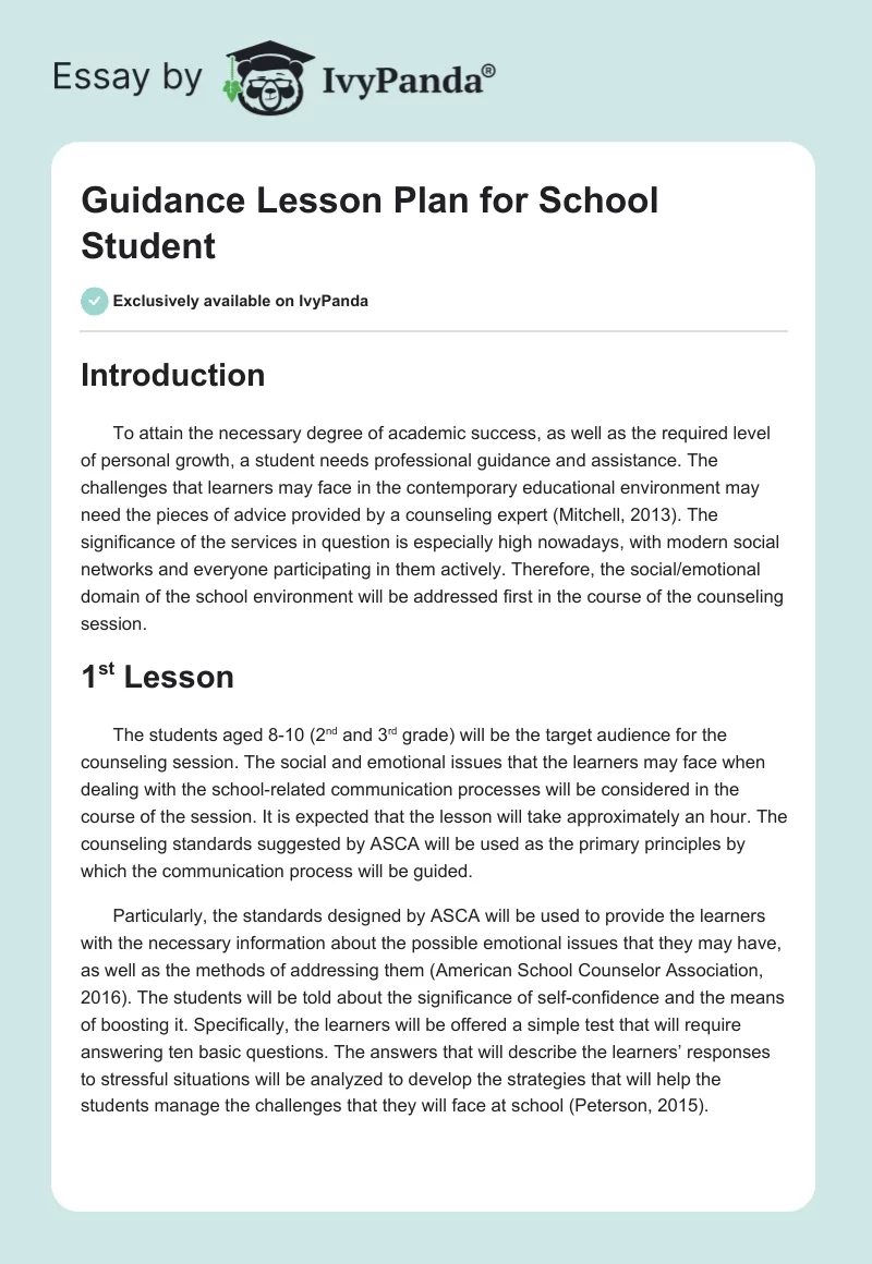 Guidance Lesson Plan for School Student. Page 1