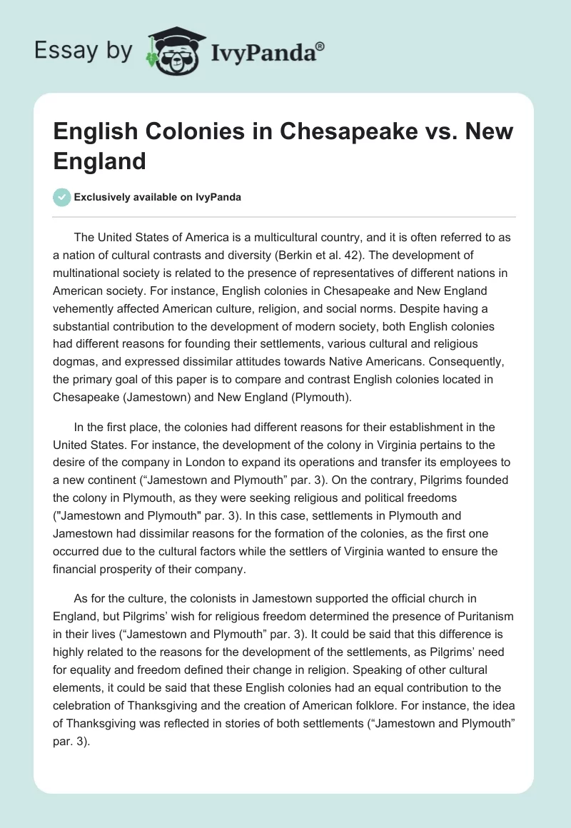 English Colonies in Chesapeake vs. New England. Page 1