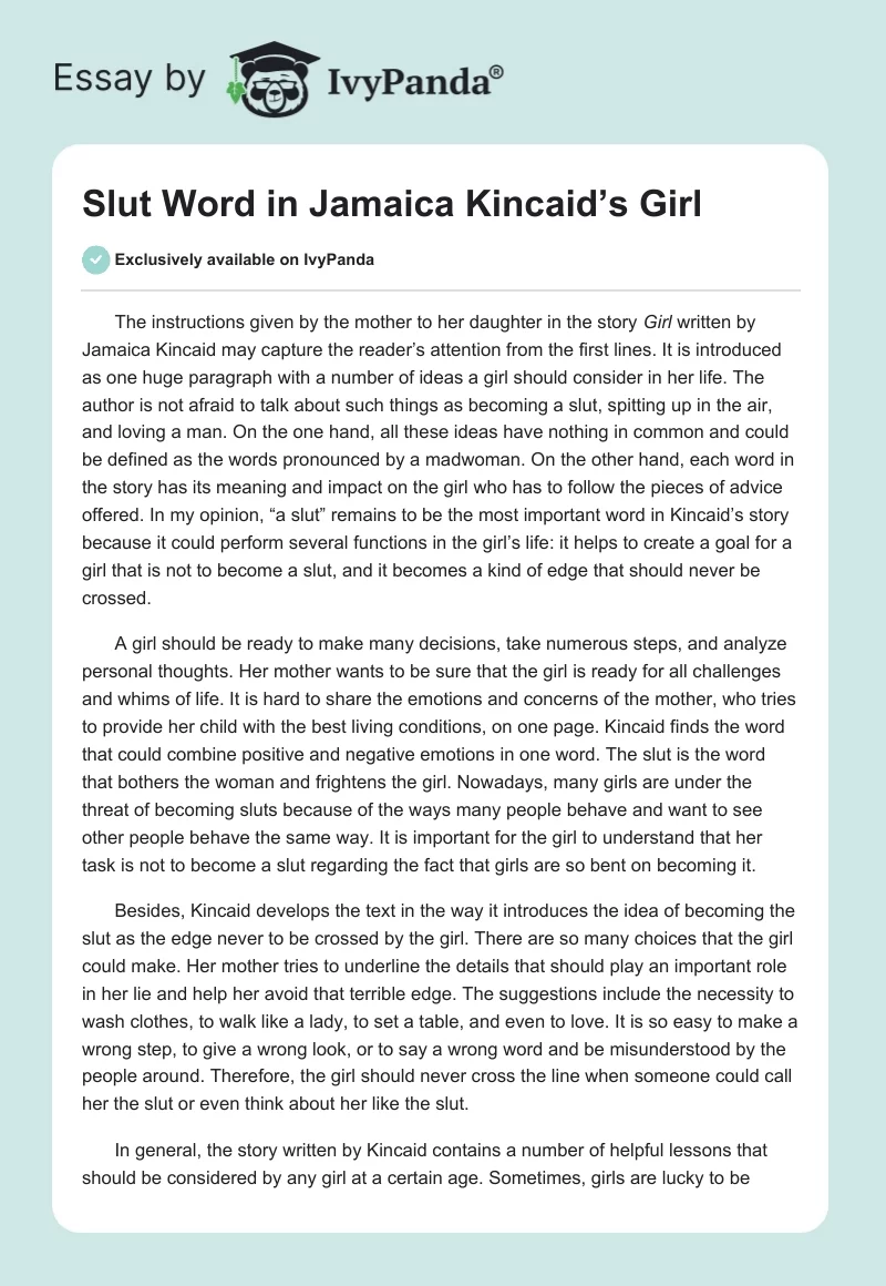 "Slut" Word in Jamaica Kincaid’s "Girl". Page 1