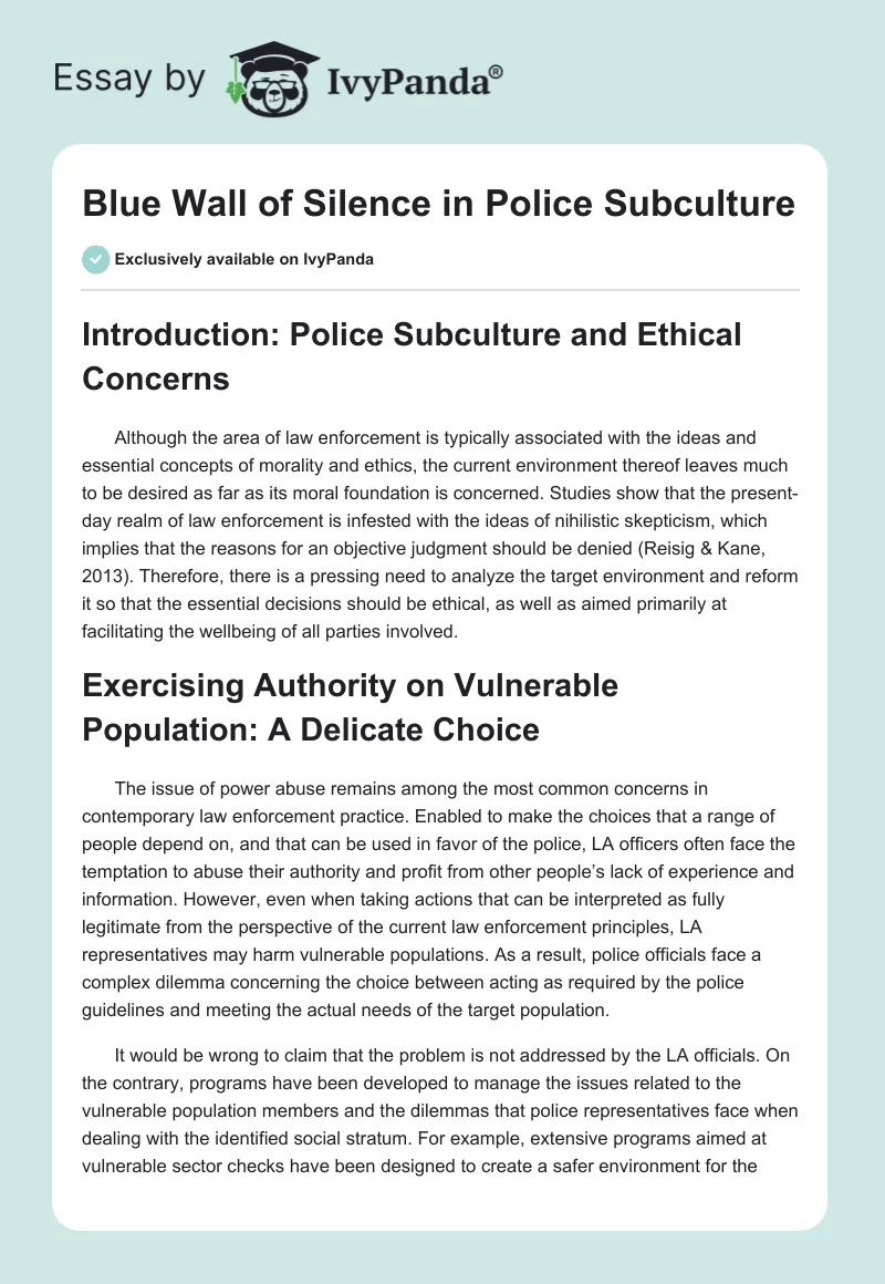 Blue Wall of Silence in Police Subculture. Page 1