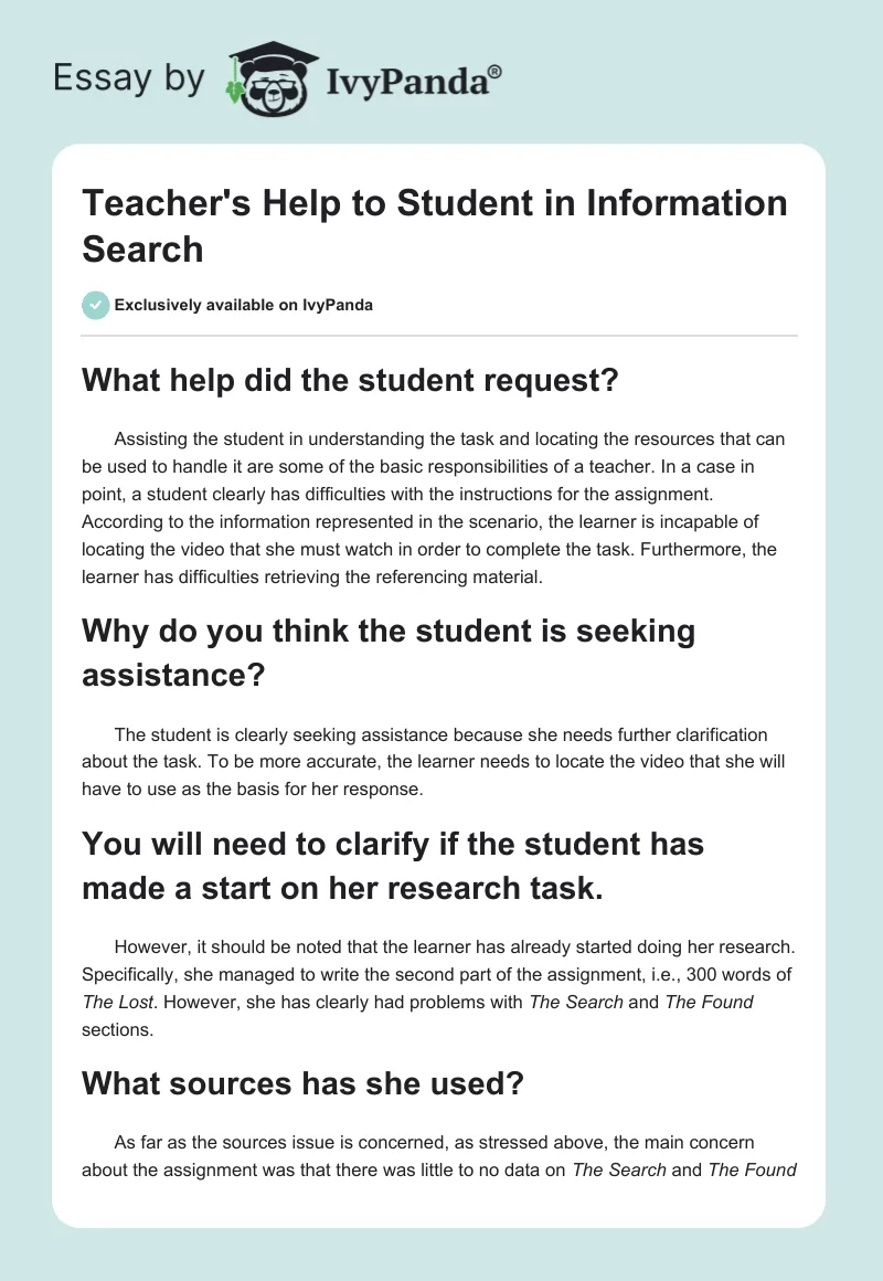 Teacher's Help to Student in Information Search. Page 1