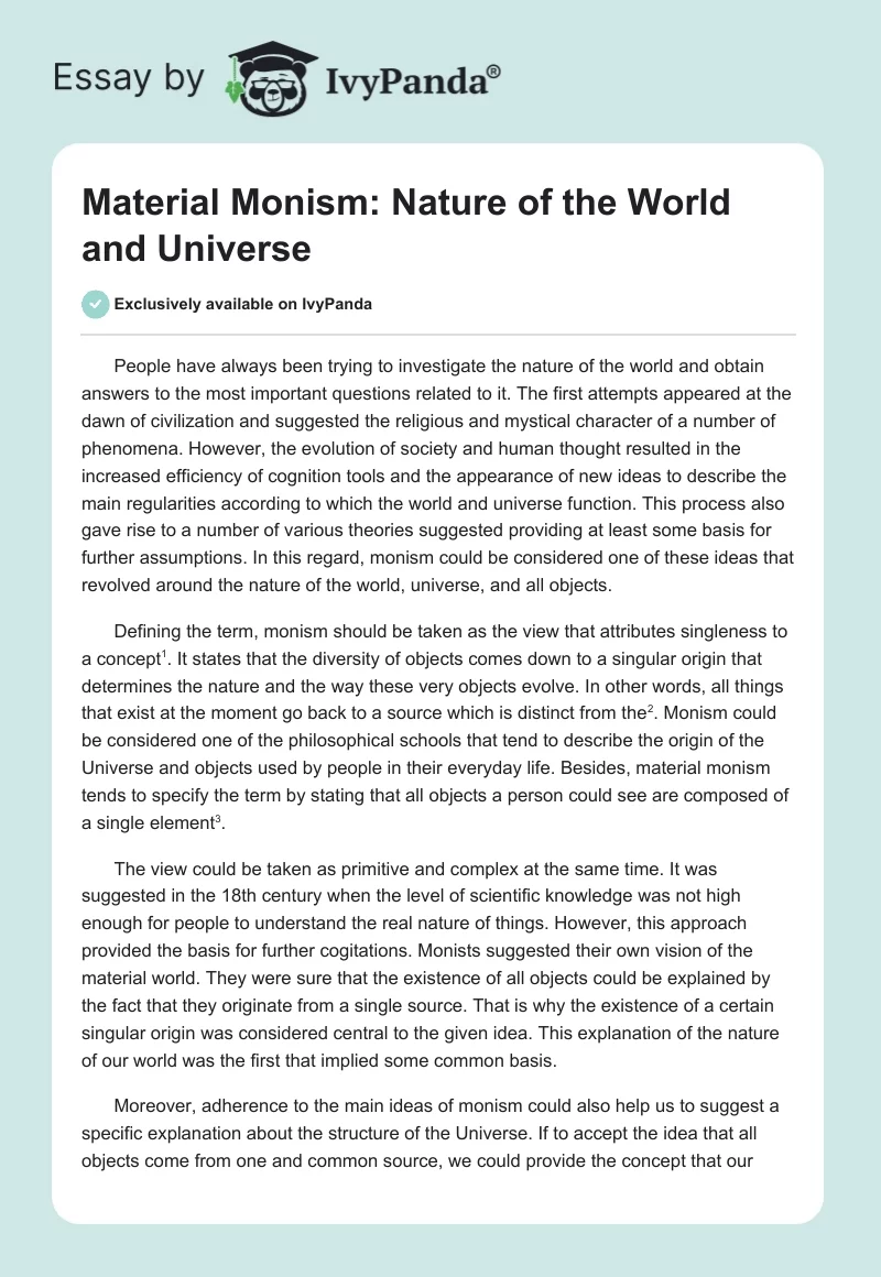 Material Monism: Nature of the World and Universe. Page 1