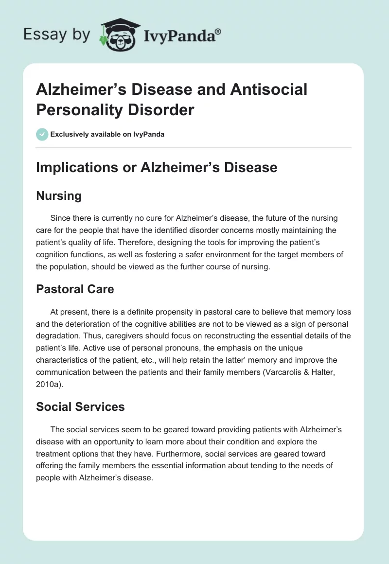 Alzheimer’s Disease and Antisocial Personality Disorder. Page 1