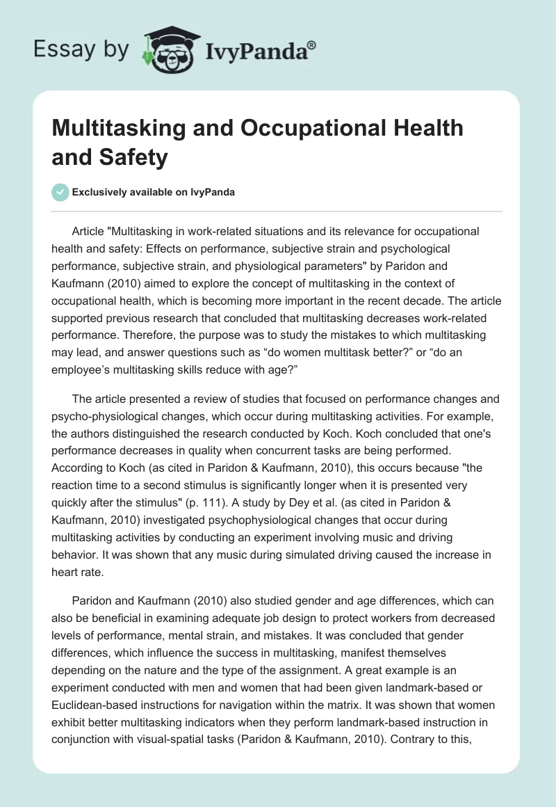 Multitasking and Occupational Health and Safety. Page 1