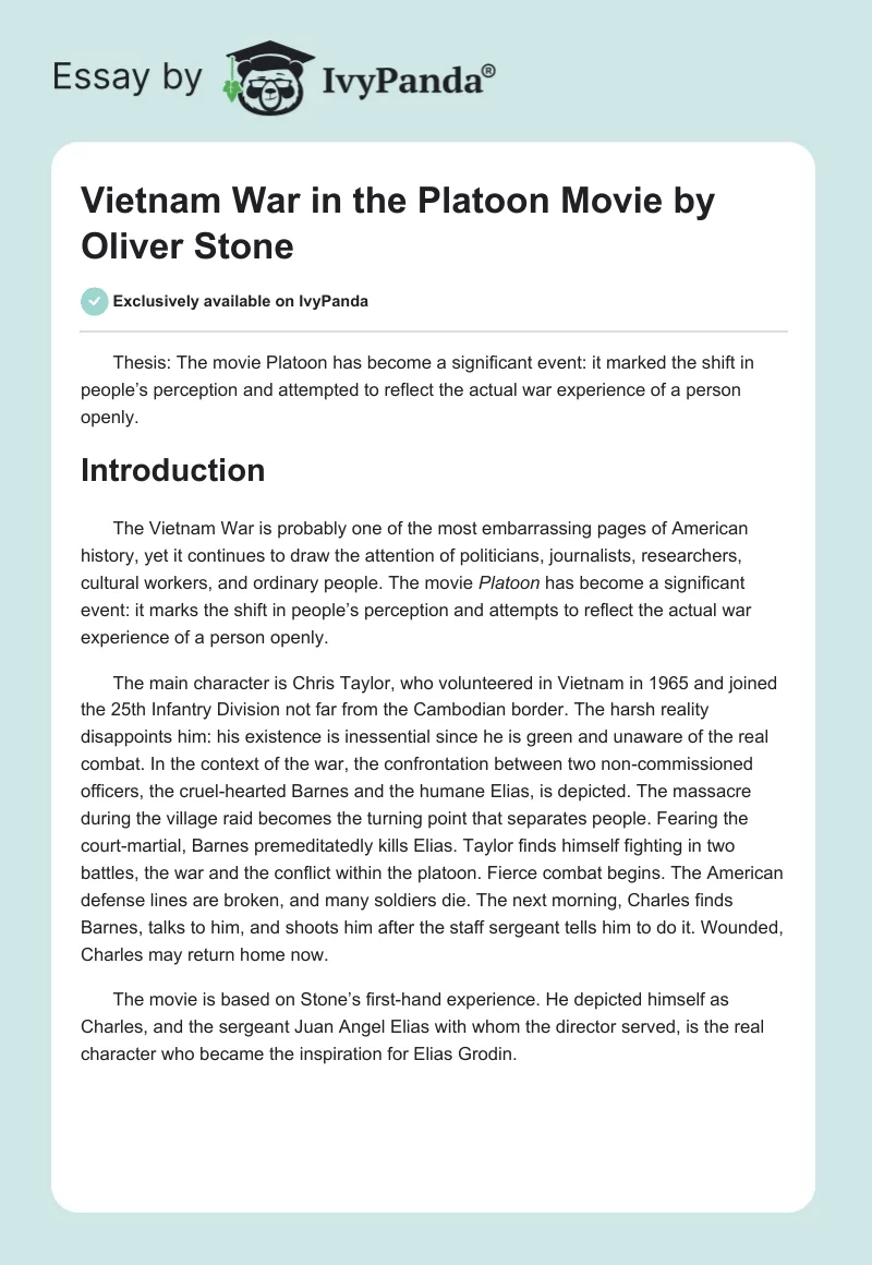Vietnam War in the "Platoon" Movie by Oliver Stone. Page 1