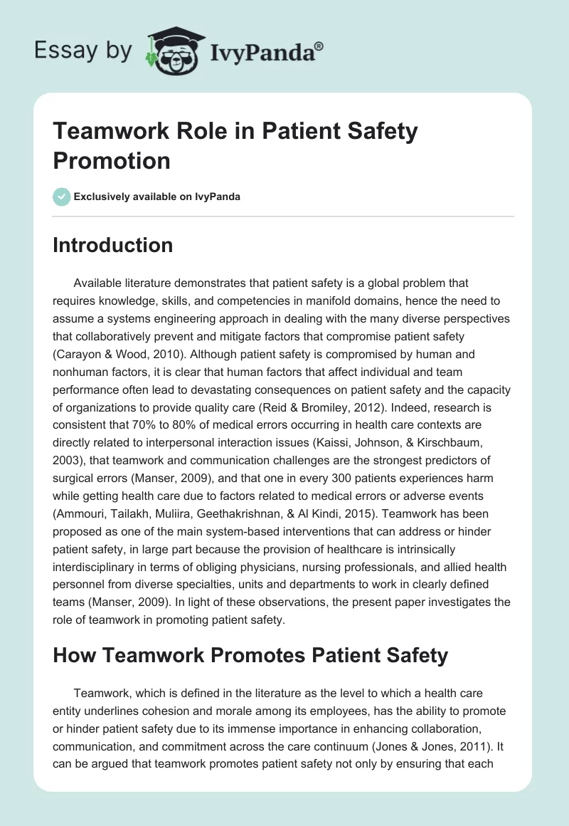 Teamwork Role in Patient Safety Promotion. Page 1