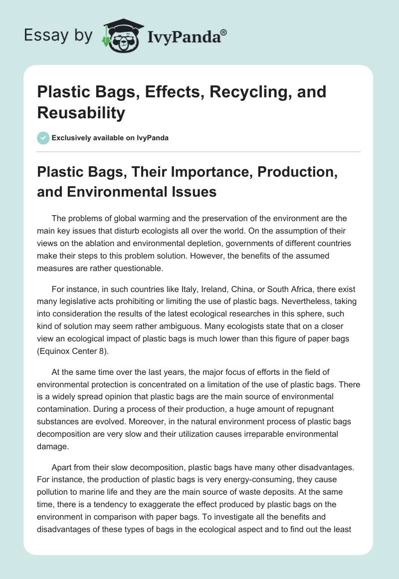 Plastic Bags, Effects, Recycling, and Reusability. Page 1