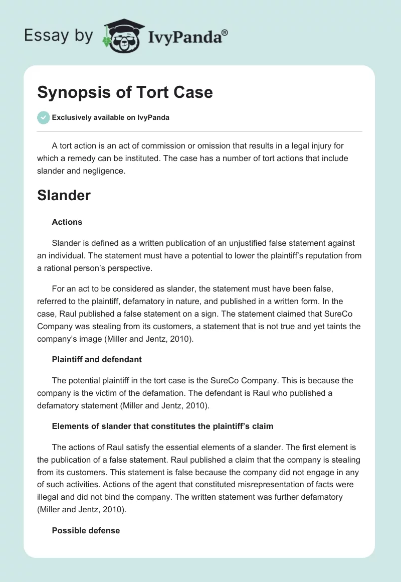 Synopsis of Tort Case. Page 1