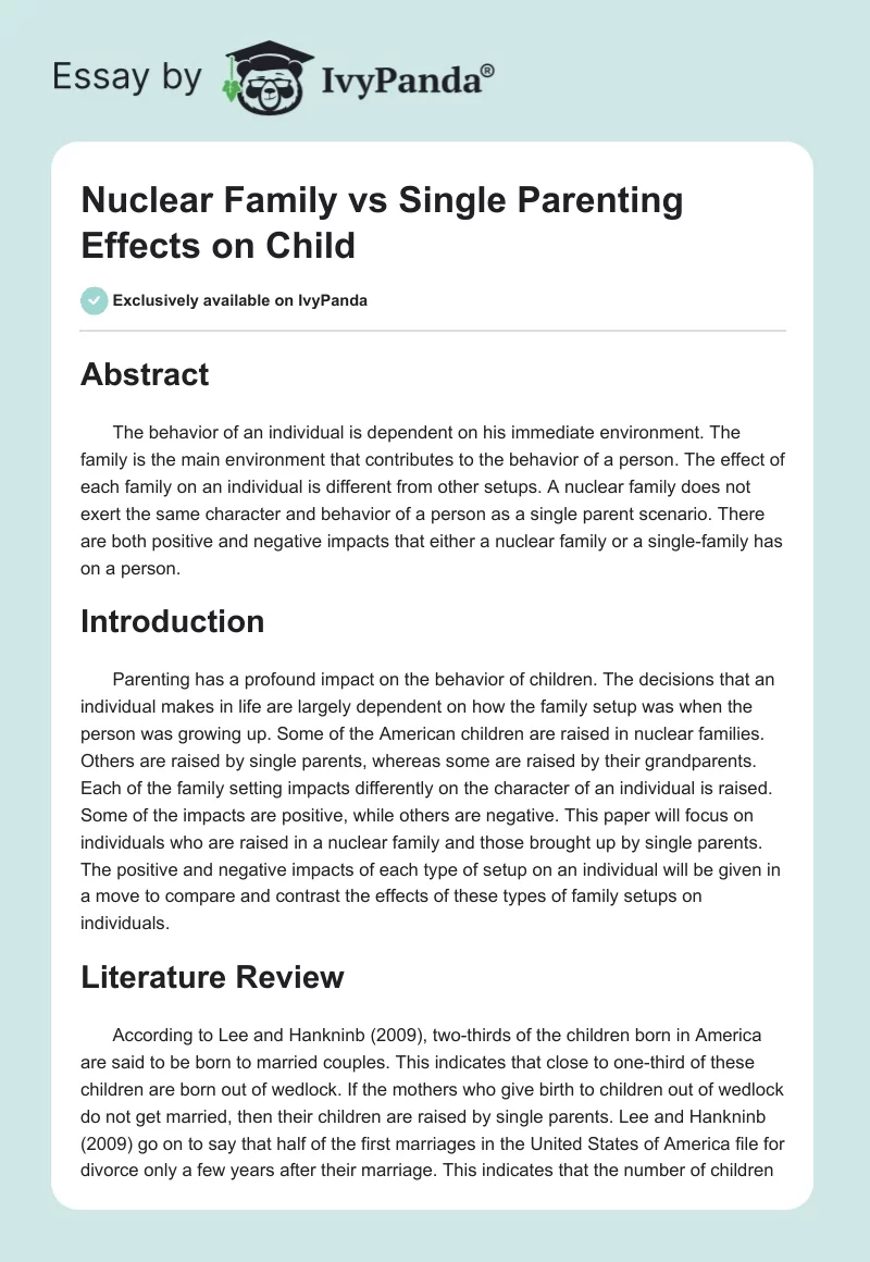 Nuclear Family vs. Single Parenting Effects on Child. Page 1
