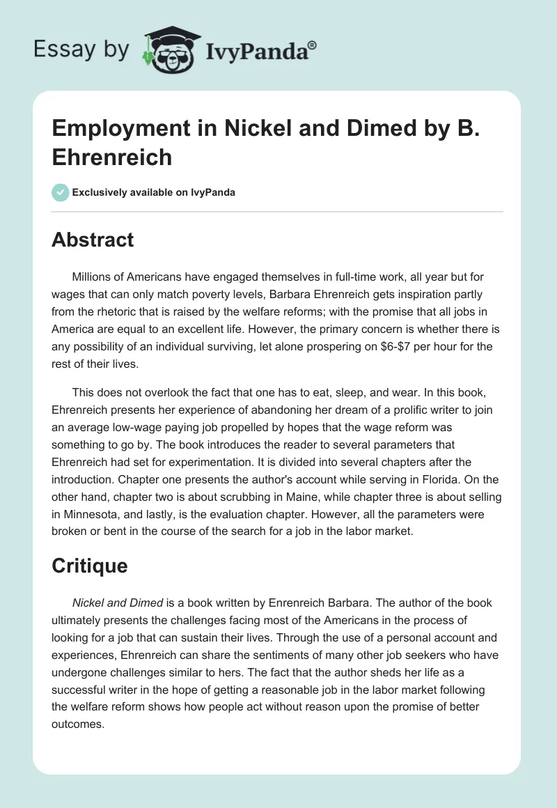 Employment in "Nickel and Dimed" by B. Ehrenreich. Page 1
